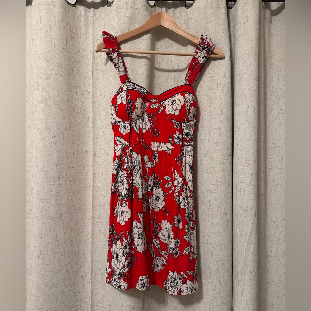 Red and white floral bustier mini dress